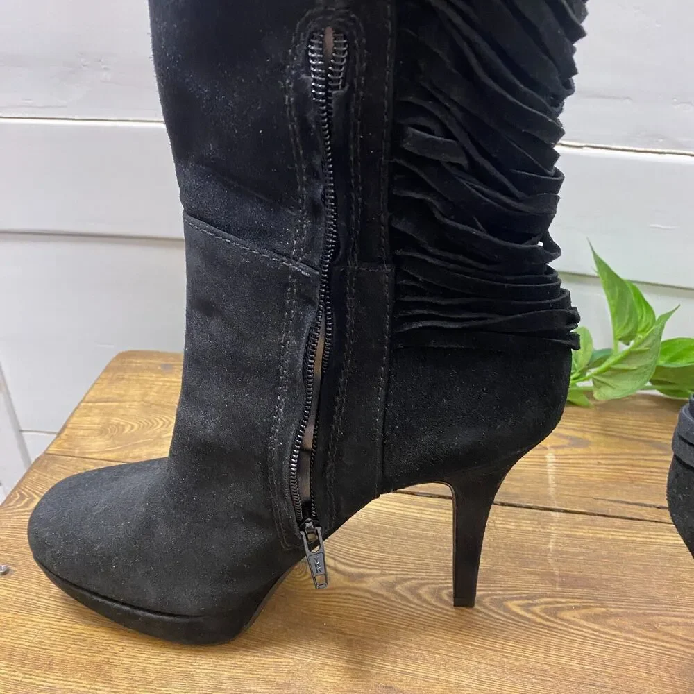 Nine West Over The Knee BLACK SUEDE Leather Fringe Stiletto Heels Boots 7 1/2